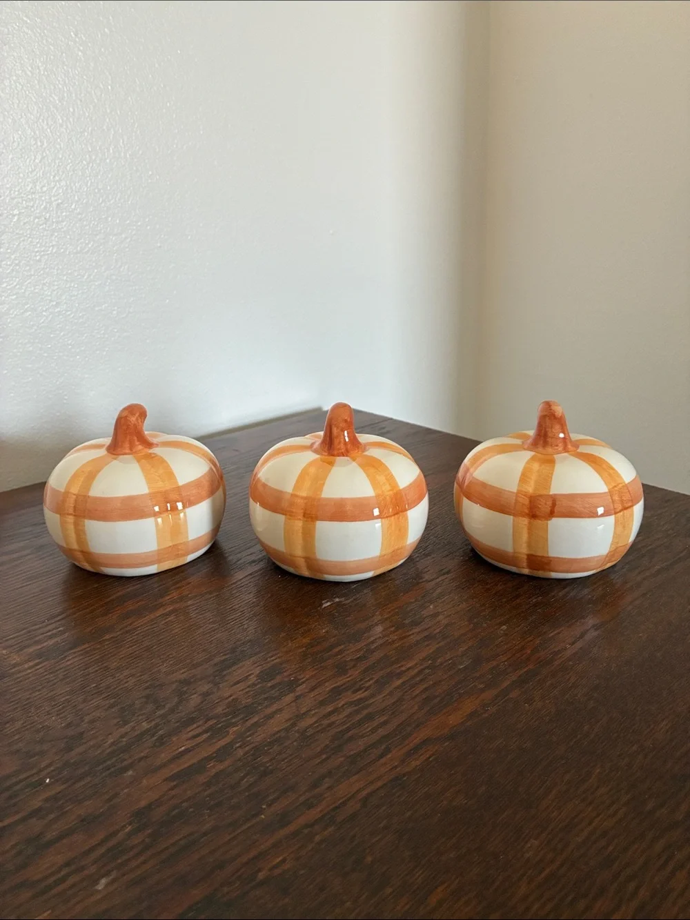 NWT- Decorative Ceramic Pumpkin Trio - White and Orange Plaid Stripe
